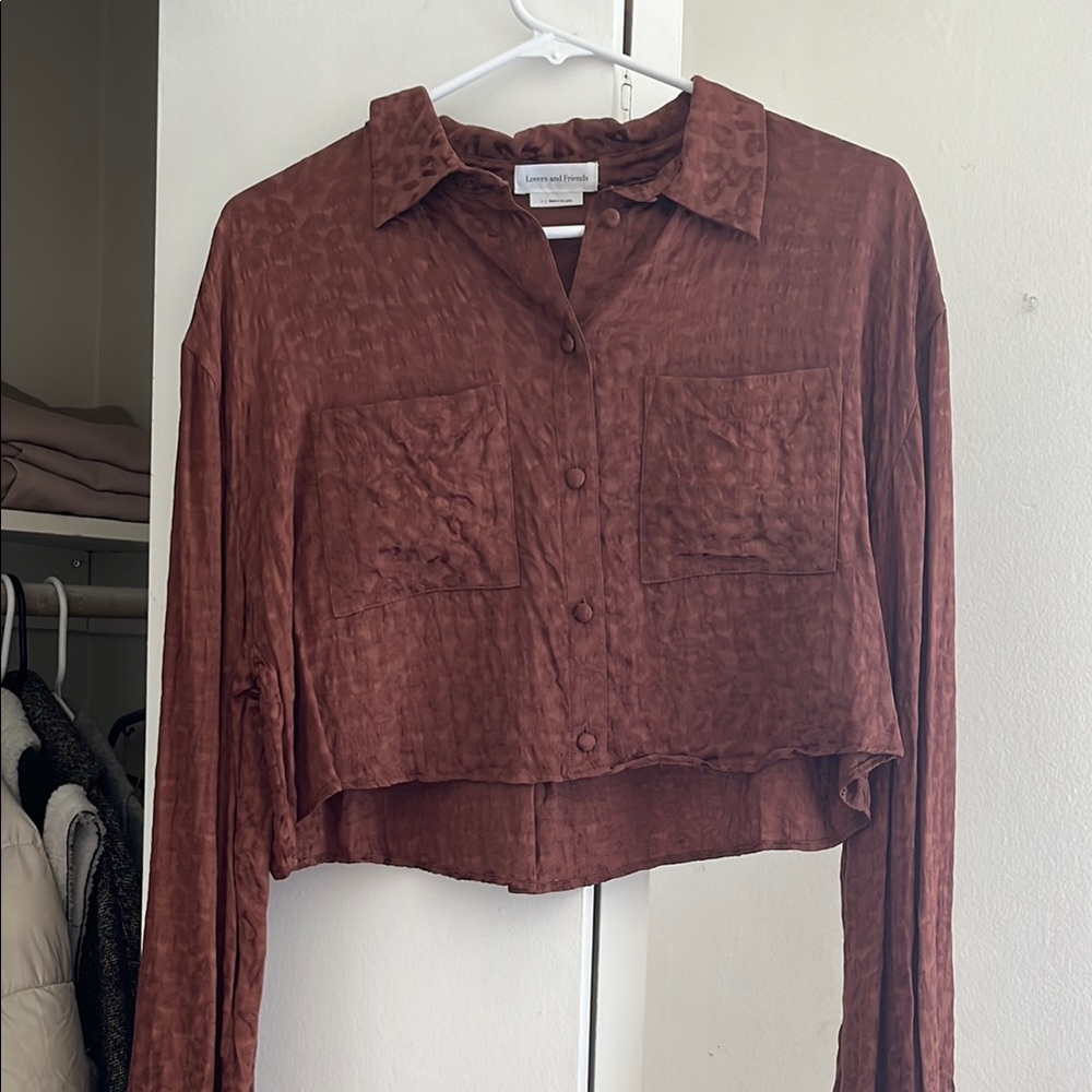 Lovers + Friends Red Cropped Long Sleeve Button Down Shirt